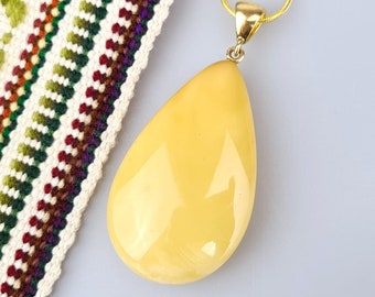 Teardrop White Amber Pendant, Gold Plated Sterling Silver 925, Gift for Her