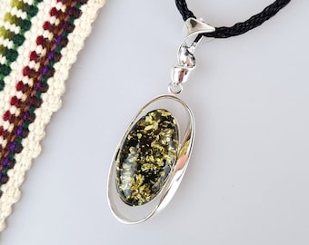 Green Baltic Amber Pendant: Sterling Silver Teardrop Jewelry