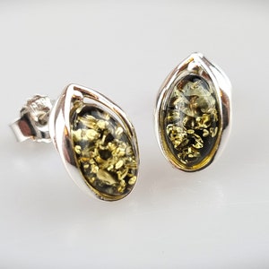 Green Amber Stud in Earrings, Oval Silver Stud Earrings, Green Amber Gemstone, Amber Oval Earrings, Lithuanian Amber Jewelry, Gift for Her