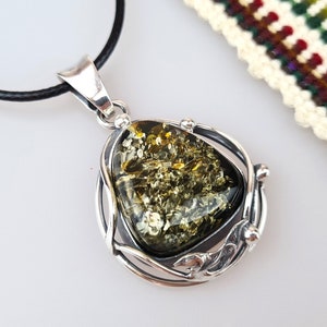 Green Amber Pendant, Silver And Amber Jewerly, Natural Baltic Amber, Elegant Amber Pendant, Gift for Her and Him, Teardrop Amber Pendant
