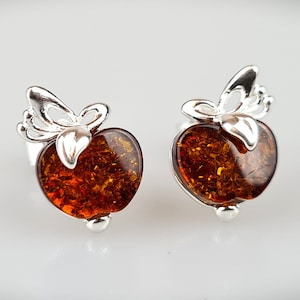 Brown Amber Stud in Earrings, Apple Silver Stud Earrings, Cognac Amber Gemstone, Amber Apple Earrings, Lithuania Amber Jewelry, Gift for Her