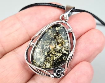Green Baltic Amber Pendant: Sterling Silver 925 & Teardrop Gemstone Handmade Jewelry