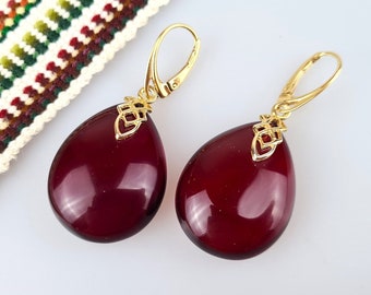 Red Amber Earrings, Baltic Amber, Handcrafted Jewerly Handmade Luxury JewerlyTeardrop Cherry Amber Gemstone, Crystal Shiny Amber