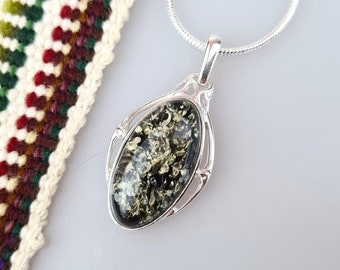 Green Baltic Amber Pendant: Sterling Silver Teardrop Jewelry