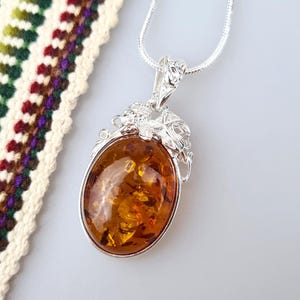 Brown Amber Pendant, Natural Baltic Amber, Silver and Amber Jewerly, Elegant Amber Pendant, Gift for Her and Him, Oval Shaped Amber Pendant