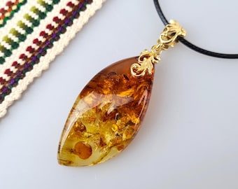 Cognac Baltic Amber Pendant: Gold Plated Sterling Silver, Natural Gemstone