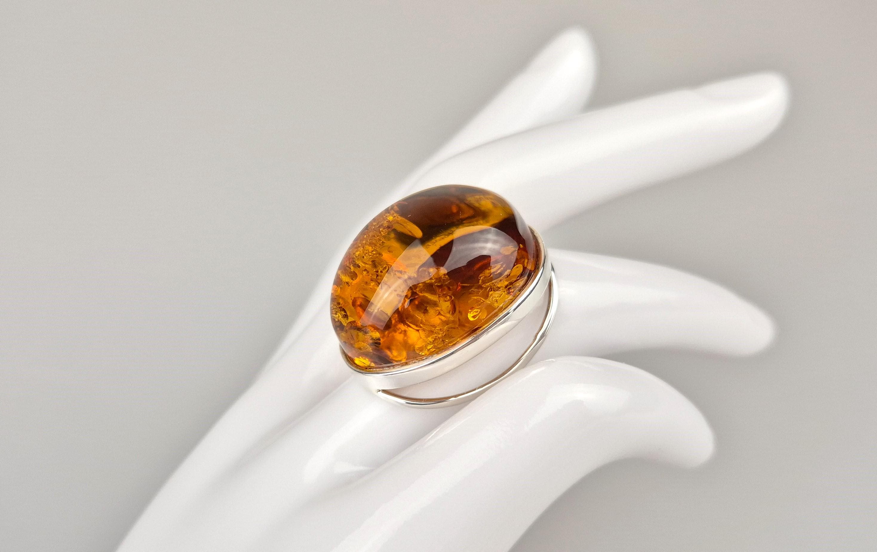 Bague En Argent 925 Avec Ambre Véritable Vert - Taille 52 - Neuf Avec étiquettes - Bijou Fantaisie Pierre Naturelle