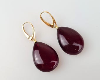 Handmade Cherry Baltic Amber Earrings: Gold Plated Sterling Silver 925 & Teardrop Red Gemstone