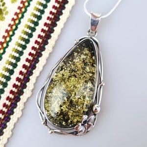 Silver And Amber Pendant, Green Amber Jewelry, Natural Baltic Amber,  Elegant Amber Pendant, Gift for Her and Him, Teardrop Amber Pendant