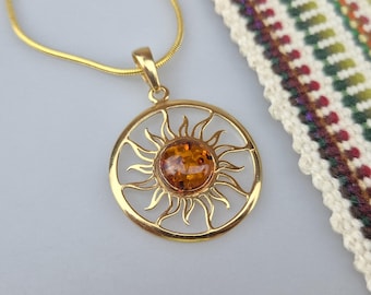 Brown Baltic Amber Sun Shape Pendant: Gold Plated Sterling Silver 925 & Gemstone Jewelry
