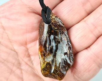 Raw Green Baltic Amber Pendant: Natural Amulet Gemstone Jewelry
