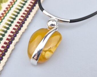 White Yellow Baltic Amber Pendant: Sterling Silver, Natural Shape Gemstone