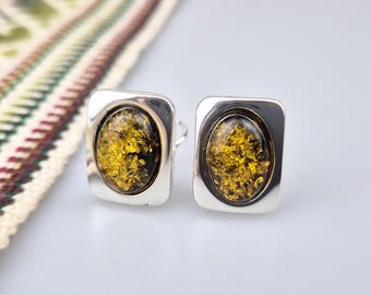 Sterling Silver 925 Clip On Amber Earrings: Green Baltic Amber