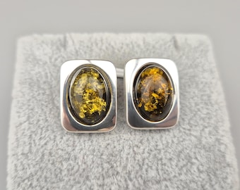 Sterling Silver 925 Clip On Amber Earrings: Green Baltic Amber