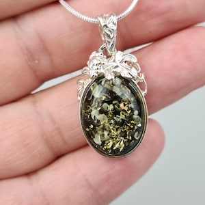 Green Amber Pendant, Natural Baltic Amber, Silver and Amber Jewerly, Elegant Amber Pendant, Gift for Her and Him, Oval Shaped Amber Pendant