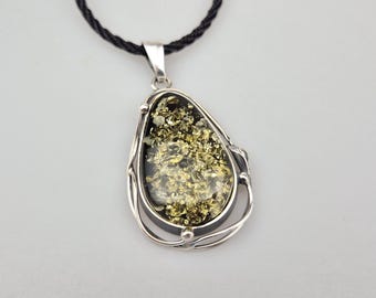 Green Baltic Amber Pendant: Sterling Silver 925 Teardrop Jewelry