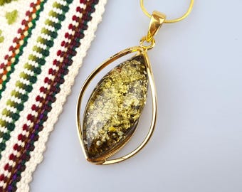Green Baltic Amber Pendant: Gold Plated Sterling Silver 925 & Natural Gemstone Jewelry