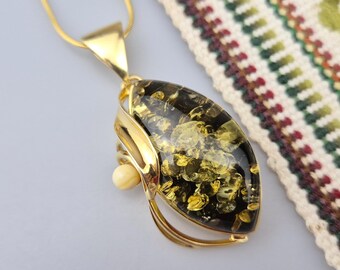 Green Baltic Amber Pendant: Gold Plated Sterling Silver 925 & Teardrop Natural Gemstone