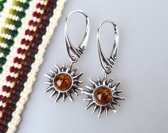 Sun-Shaped Cognac Baltic Amber Earrings: 925 Sterling Silver