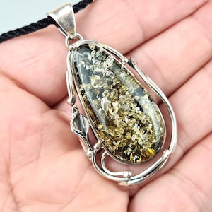 Green Amber Pendant, Natural Baltic Amber, Silver And Amber Jewerly, Elegant Amber Pendant, Gift for Her Him, Gift for Him, Teardrop Pendant