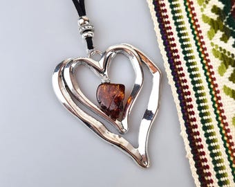 Natural Baltic Amber Heart Pendant: Vintage Brown Amber Jewelry