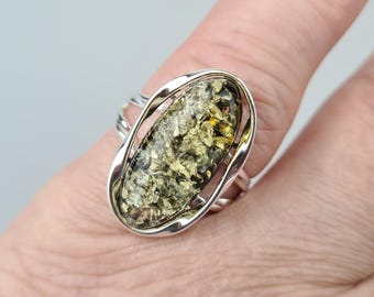 Green Baltic Amber Ring: Sterling Silver 925 & Natural Gemstone Jewelry