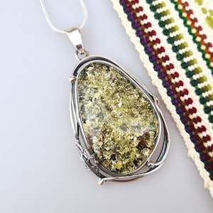 Green Amber Pendant, Natural Baltic Amber, Silver And Amber Jewelry, Elegant Amber Pendant, Gift for Her and Him, Teardrop Amber Pendant