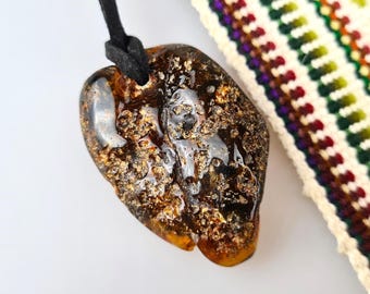 Raw Baltic Amber Pendant: Green Brown Amulet, Natural Gemstone Jewelry