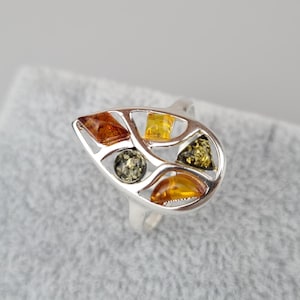 Multicolor Amber Ring, Beautiful Ring, Silver Ring, Natural Baltic Amber, Amber and Silver, Genuine Gemstone, Baltic Jewerly, Gift for Her