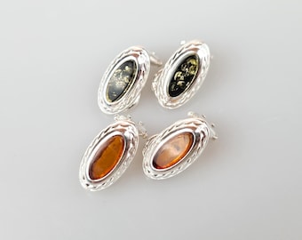 Sterling Silver Clip On Amber Earrings: Green & Brown Baltic Amber