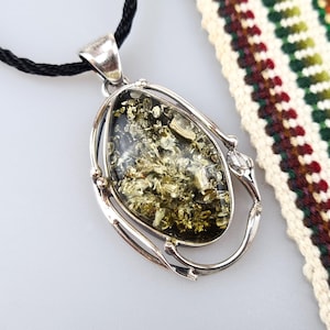 Green Amber Pendant, Natural Baltic Amber, Silver And Amber Jewerly, Elegant Amber Pendant, Lithuania Gift for Her and Him, Teardrop Pendant