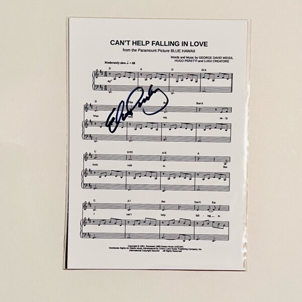 Elvis Presley Can't Help Falling In Love Autographed A4 Sheet Music