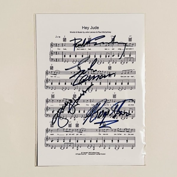 The Beatles Hey Jude Autographed A4 Sheet Music