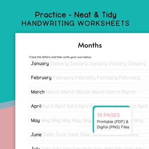 May include: Black and white printable worksheet with the title "Months" and lines for tracing the months of the year. The worksheet includes 13 pages, printable as PDF and digital PNG files.