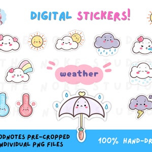 Puede incluir: Un conjunto de 10 pegatinas digitales del tiempo con personajes de dibujos animados adorables. Las pegatinas incluyen un sol, nubes, lluvia, un arcoíris, un termómetro y un paraguas. El texto "weather" está incluido en la imagen. Las pegatinas están precortadas y listas para usar en Goodnotes.