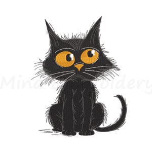 May include: A cartoon illustration of a black cat with large, yellow eyes and a small orange nose. The cat has a fluffy appearance and is sitting upright with its tail curled. The image has the text "Mind Embroidery" in the lower left corner.