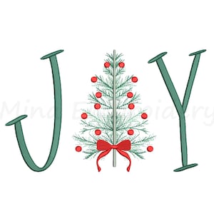 May include: A Christmas-themed design with the word "JOY" in teal letters. The "O" is replaced by a decorated Christmas tree with red ornaments and a red bow. The design is on a white background.