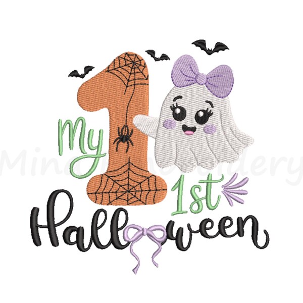 私の最初の女の子のハロウィン刺繍デザイン、かわいいおばけの刺繍、ミシン刺繍デザイン、3サイズ、即時ダウンロード