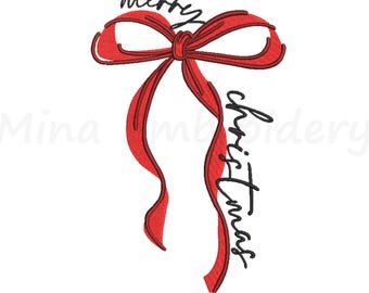 Merry Christmas Embroidery Design, Christmas with Bow Embroidery, Machine Embroidery Design, 6 Sizes, Instant Download