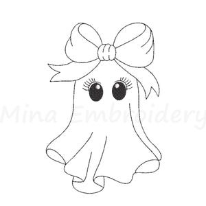 May include: A black and white line drawing of a ghost with a large bow on its head. The ghost has large eyes with eyelashes. The text "Mina Embroidery" is in the lower left corner.