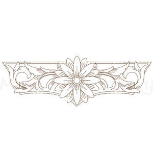 Puede incluir: Un diseño floral marrón con una margarita en el centro, enmarcado por adornos ornamentales. El diseño simétrico es probablemente un elemento decorativo, posiblemente para bordados o un proyecto de artesanía similar. La imagen está sobre un fondo blanco.