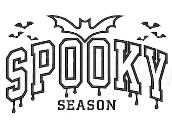 May include: Black and white graphic design featuring the words "SPOOKY SEASON" in a collegiate font, with a bat and smaller bats. The letters have a dripping effect, evoking a Halloween theme.