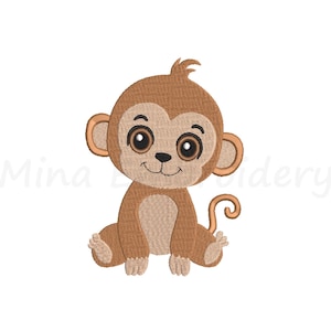 May include: A cartoon monkey with a light brown body, head, and ears, and a darker brown face and hands. The monkey has large, expressive eyes and a smiling mouth. The monkey is sitting with its legs out and its tail curled.