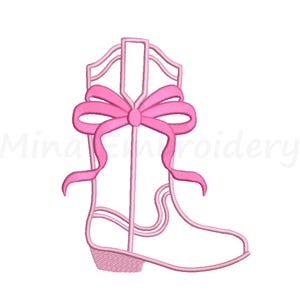 May include: A pink outline of a cowboy boot with a pink bow. The boot has a pointed toe and a small heel. The bow is tied around the top of the boot and has long, flowing ribbons. The text "Mina Embroidery" is in the lower left corner.
