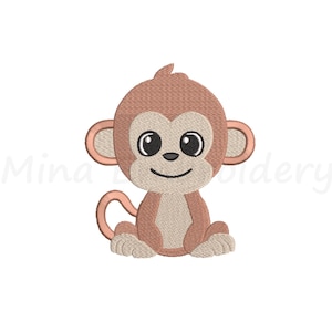 May include: A cartoon monkey embroidery design. The monkey is sitting with a light brown body, ears, and tail. It has a tan face and belly, with large black eyes and a smiling mouth. The design is on a white background.