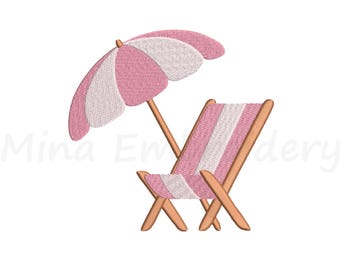 Beach Club Embroidery Design: Summer Umbrella, Chair (4 Sizes, Instant Download)