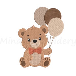Puede incluir: Ilustración de un oso de peluche marrón sosteniendo tres globos marrones. El oso lleva una pajarita roja y está sentado. La imagen contiene el texto "Mina Videry" en el fondo.