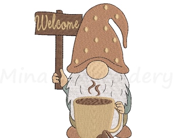 Coffee Gnome Machine Embroidery Design: 3 Sizes (Instant Download)