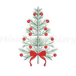May include: An embroidered Christmas tree design with green needles, red ornaments, and a red bow at the base. The tree is centered on a white background. The text "Mina's Embroidery" is in the lower left corner.