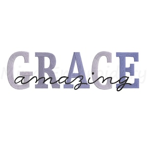 May include: White background with the word "GRACE" in a light purple, embroidered font. The word "amazing" is written in a black cursive font, placed below the word "GRACE".